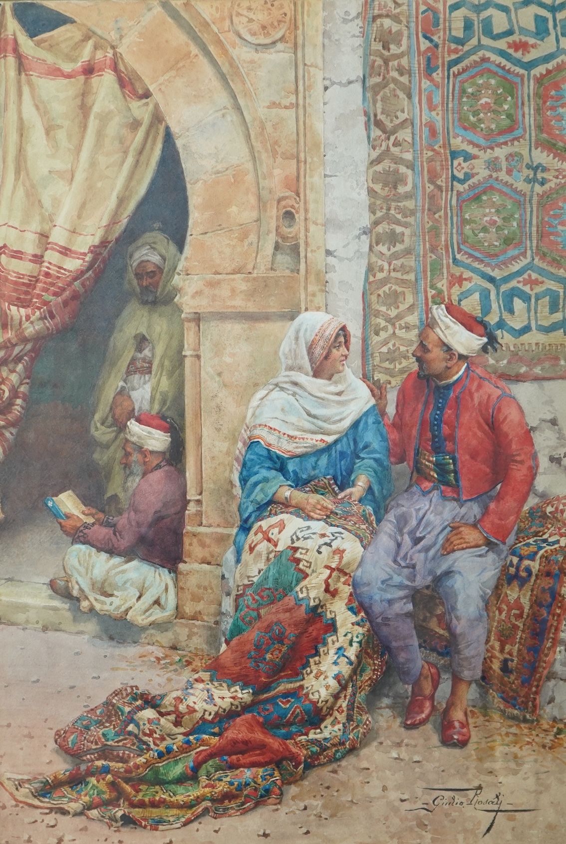 Giulio Rosati, Italian 1858-1917, Orientalist study, figures before an archway
